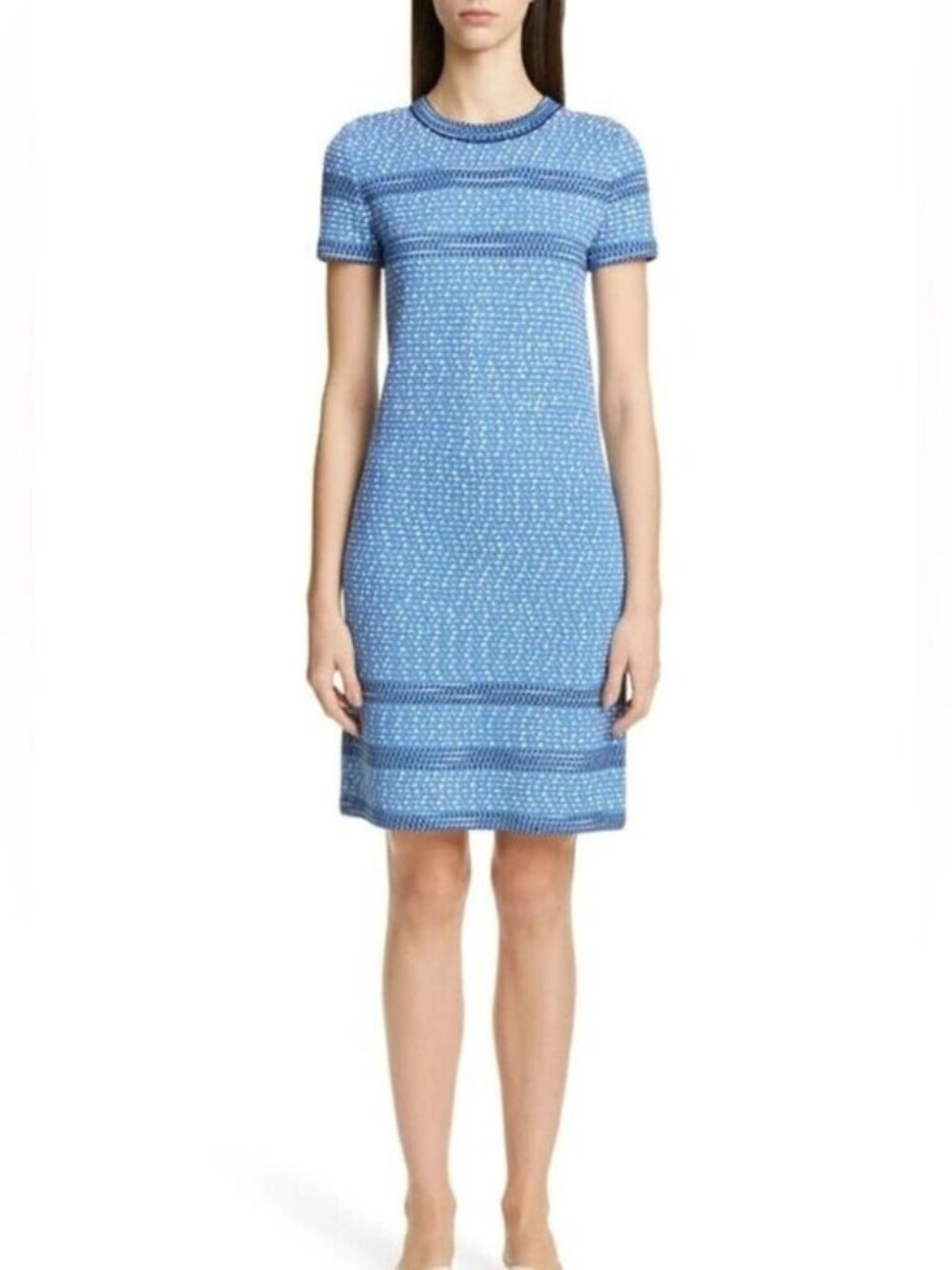 ST. JOHN Blue Stripe Tweed Wool Blend Sheath Dress Swiss Dot Crew Neck Knee Leng